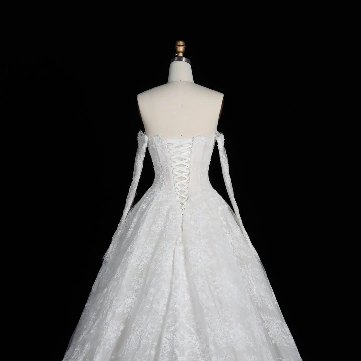 White Floral Lace Ball Gown Wedding Dress with Sweetheart Neckline and Detachable Long Sleeves ZP015