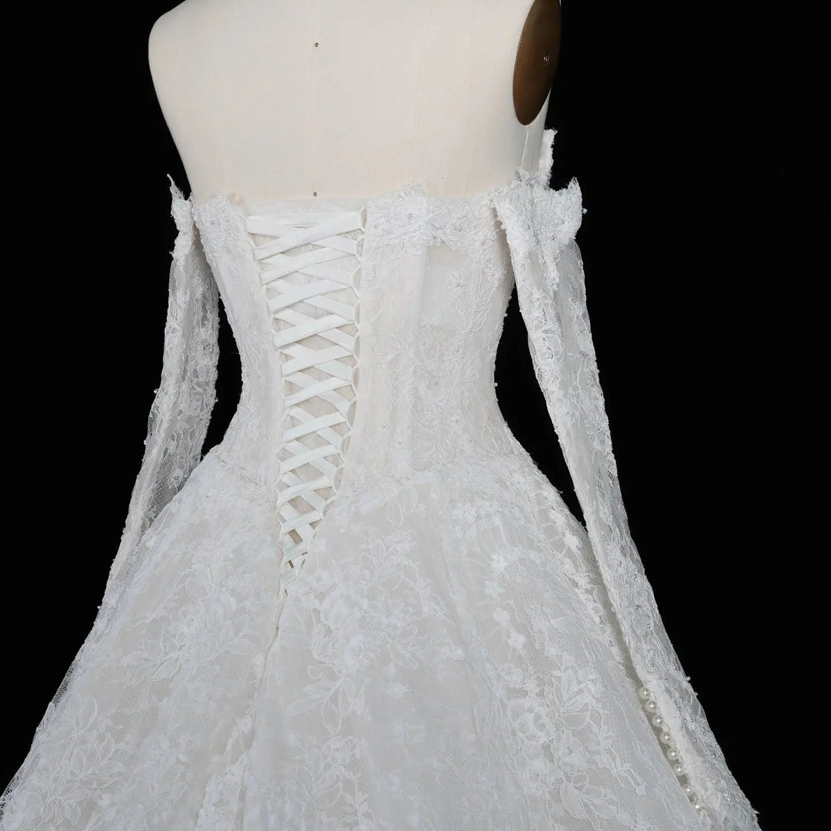 White Floral Lace Ball Gown Wedding Dress with Sweetheart Neckline and Detachable Long Sleeves ZP015