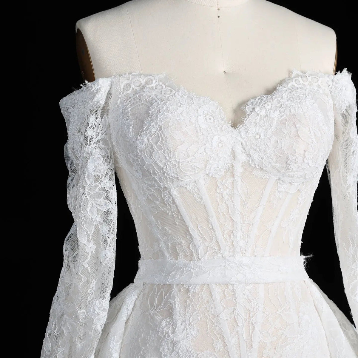White Lace Mermaid Wedding Dress Off the Shoulder with Detachable Train and Long Sleeves ZP014