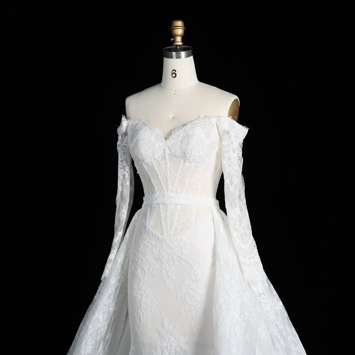 White Lace Mermaid Wedding Dress Off the Shoulder with Detachable Train and Long Sleeves ZP014