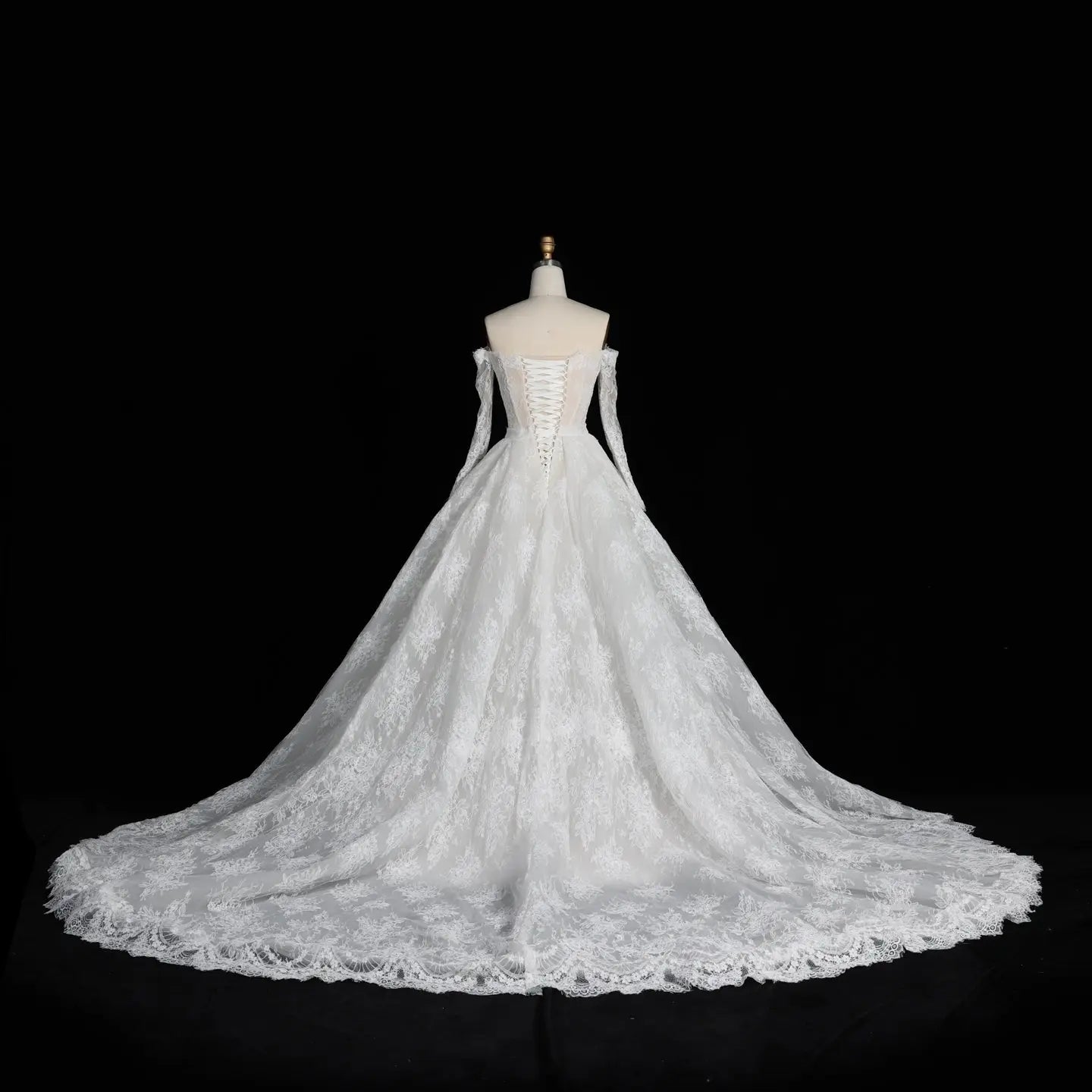 White Lace Mermaid Wedding Dress Off the Shoulder with Detachable Train and Long Sleeves ZP014