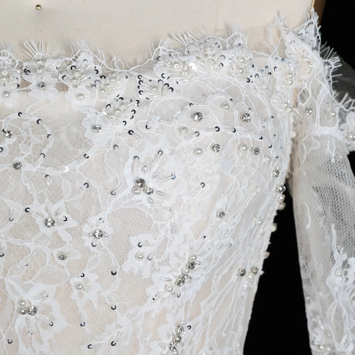 White Lace and Tulle Ball Gown Wedding Dress Off the Shoulder Beaded Bridal Dress ZP013 - View 8 | VelvetHem
