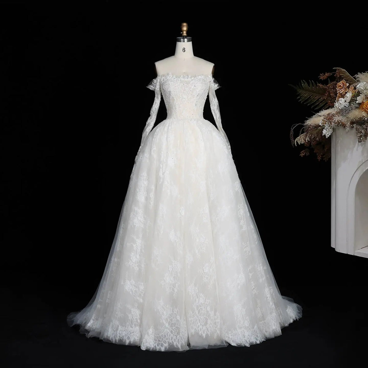 White Lace and Tulle Ball Gown Wedding Dress Off the Shoulder Beaded Bridal Dress ZP013 - View 4 | VelvetHem