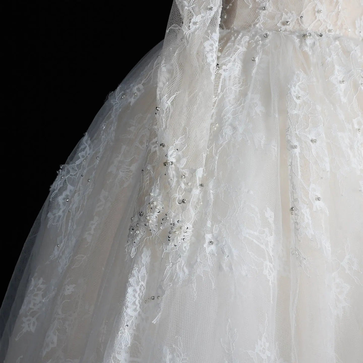 White Lace and Tulle Ball Gown Wedding Dress Off the Shoulder Beaded Bridal Dress ZP013 - View 7 | VelvetHem