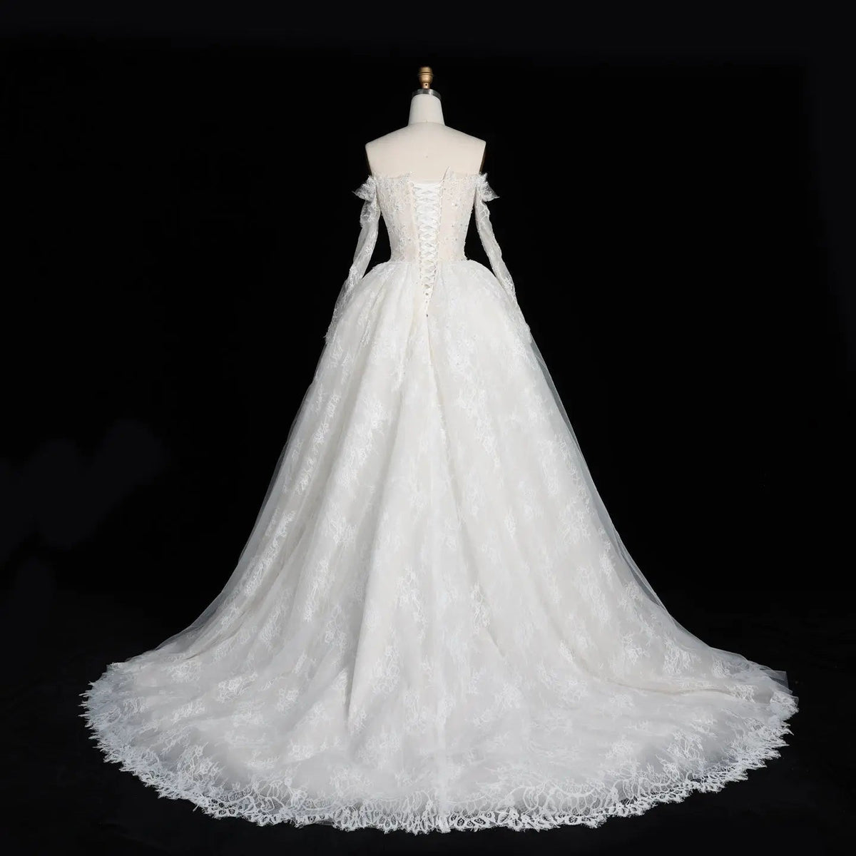 White Lace and Tulle Ball Gown Wedding Dress Off the Shoulder Beaded Bridal Dress ZP013