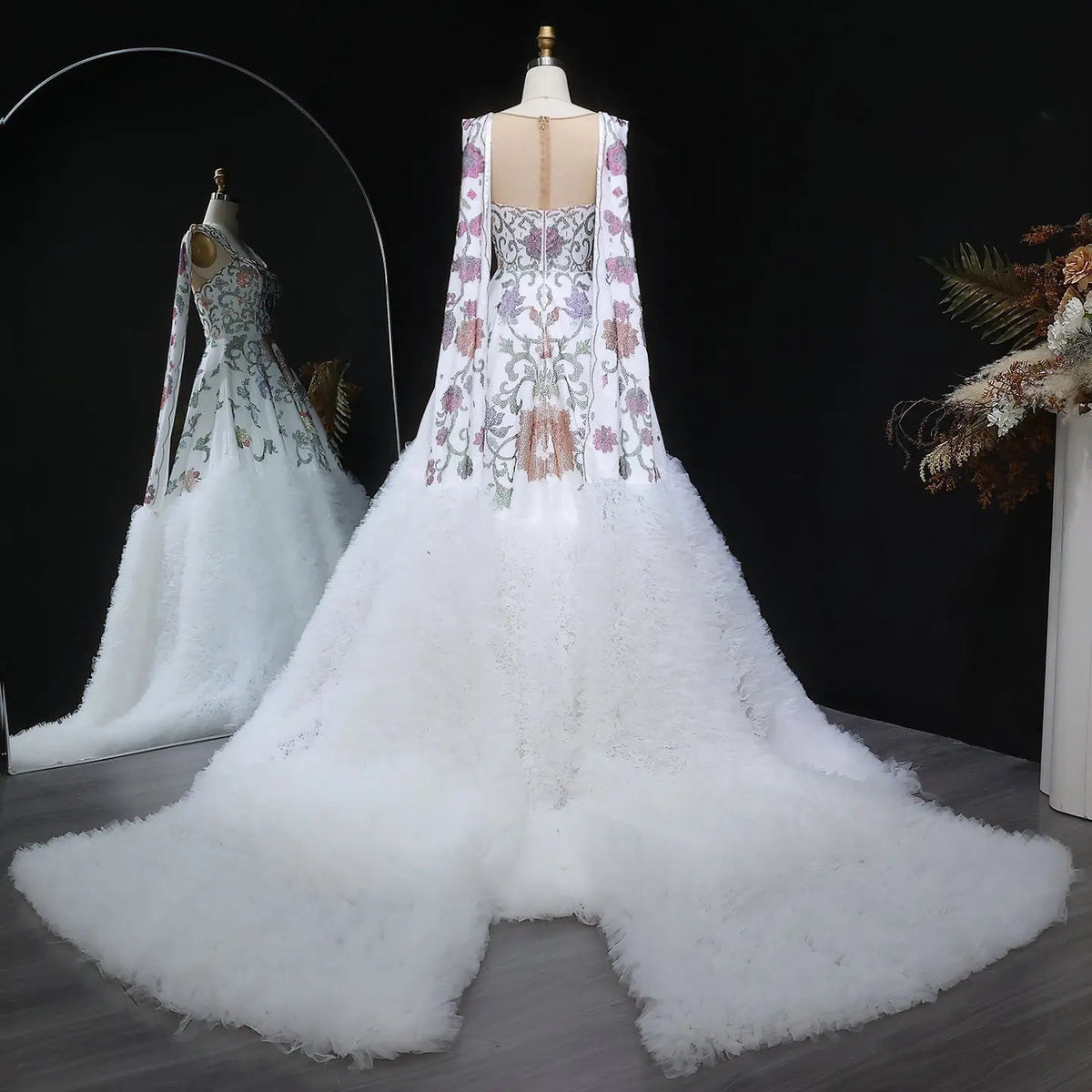 Luxury White Off-Shoulder Diamond Ball Gown Wedding Dress with Cape ZP187 - View 7 | VelvetHem