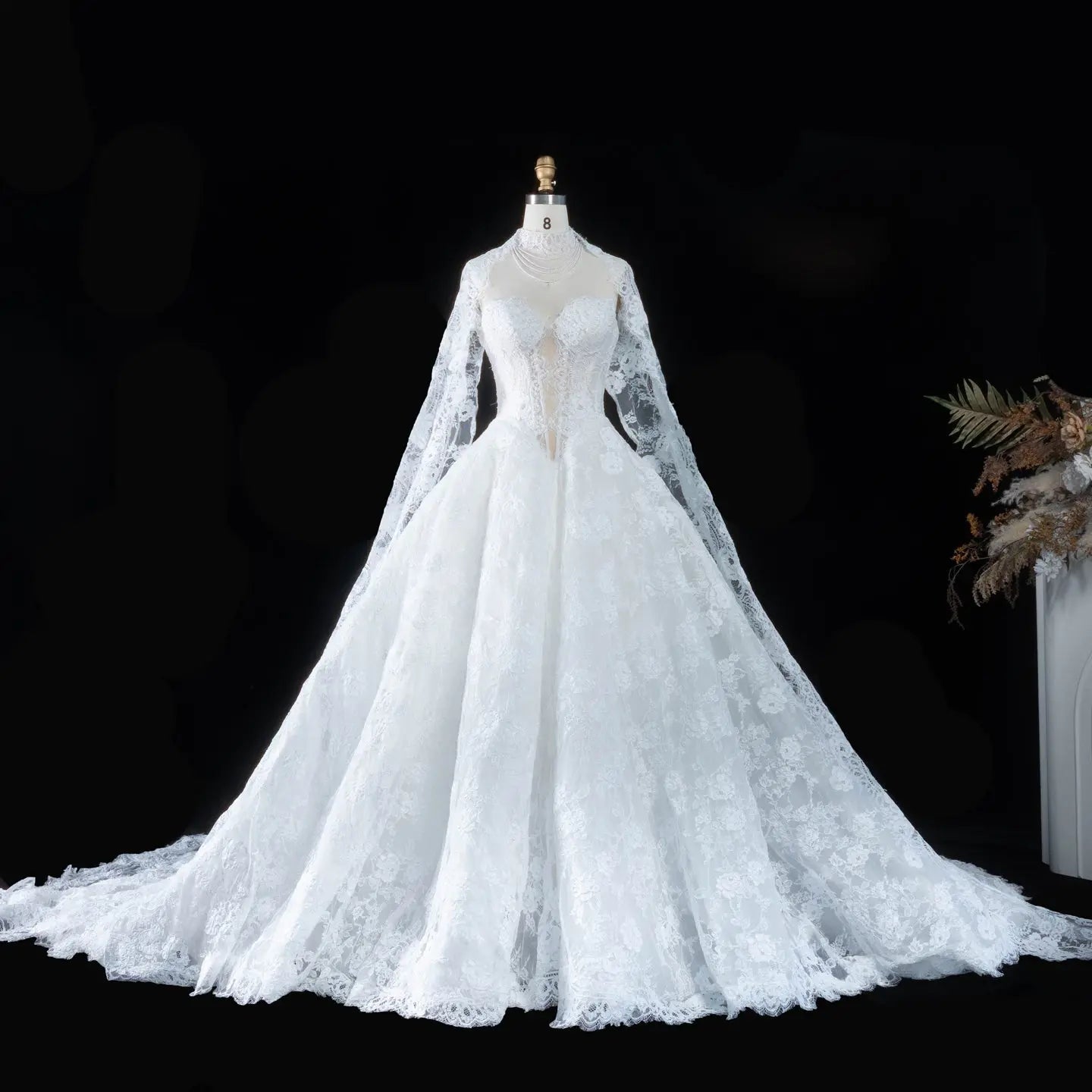 Luxury Ivory Strapless Lace Train Wedding Dress with Scarf ZP140