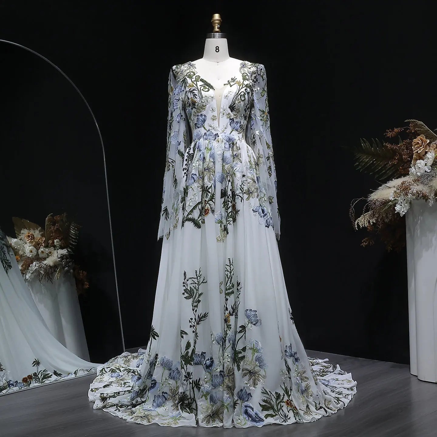 Luxury White Embroidery Long Sleeve Boho Train Wedding Dress ZP158