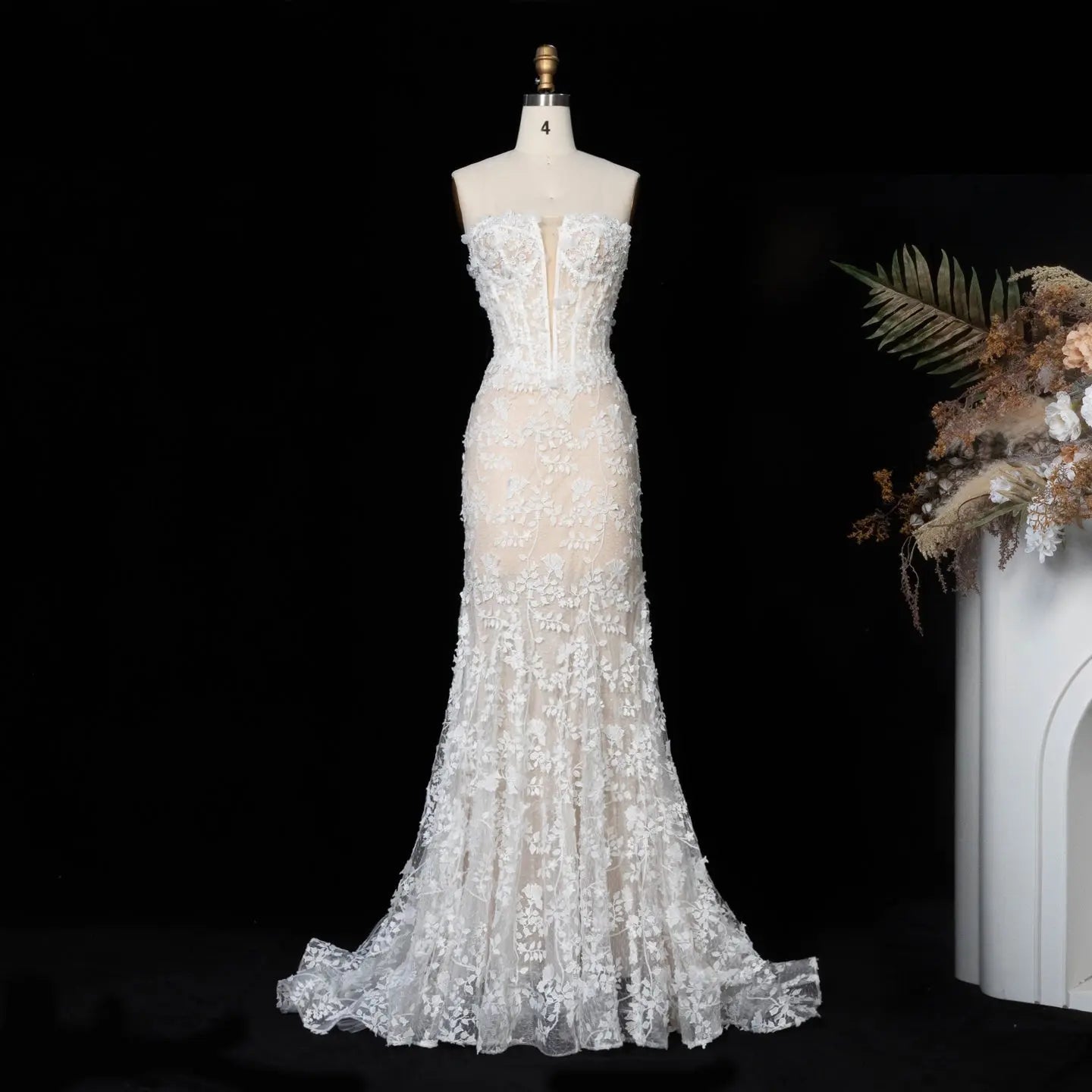 White Nude Lace Fairytale Mermaid Wedding Dress 3D Floral Train ZP037