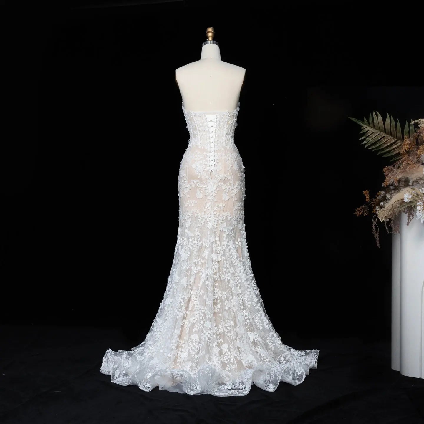 White Nude Lace Fairytale Mermaid Wedding Dress 3D Floral Train ZP037