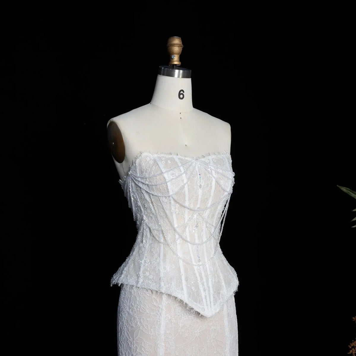 White Nude Mermaid Wedding Dress Beaded Chain Detailing With Lace Train ZP039