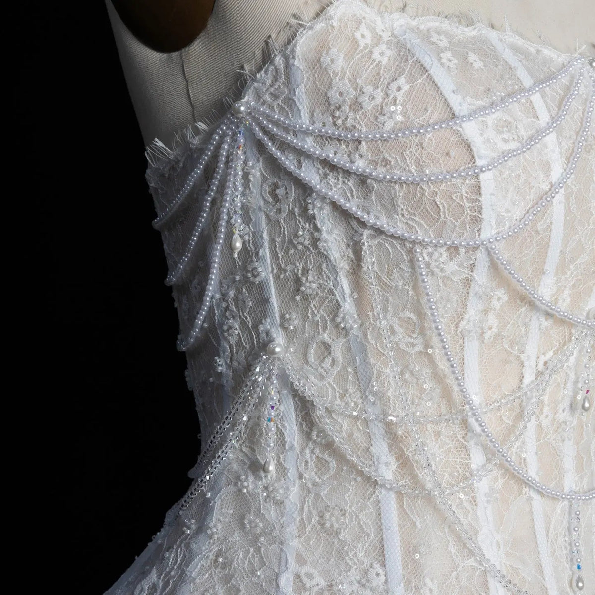 White Nude Mermaid Wedding Dress Beaded Chain Detailing With Lace Train ZP039