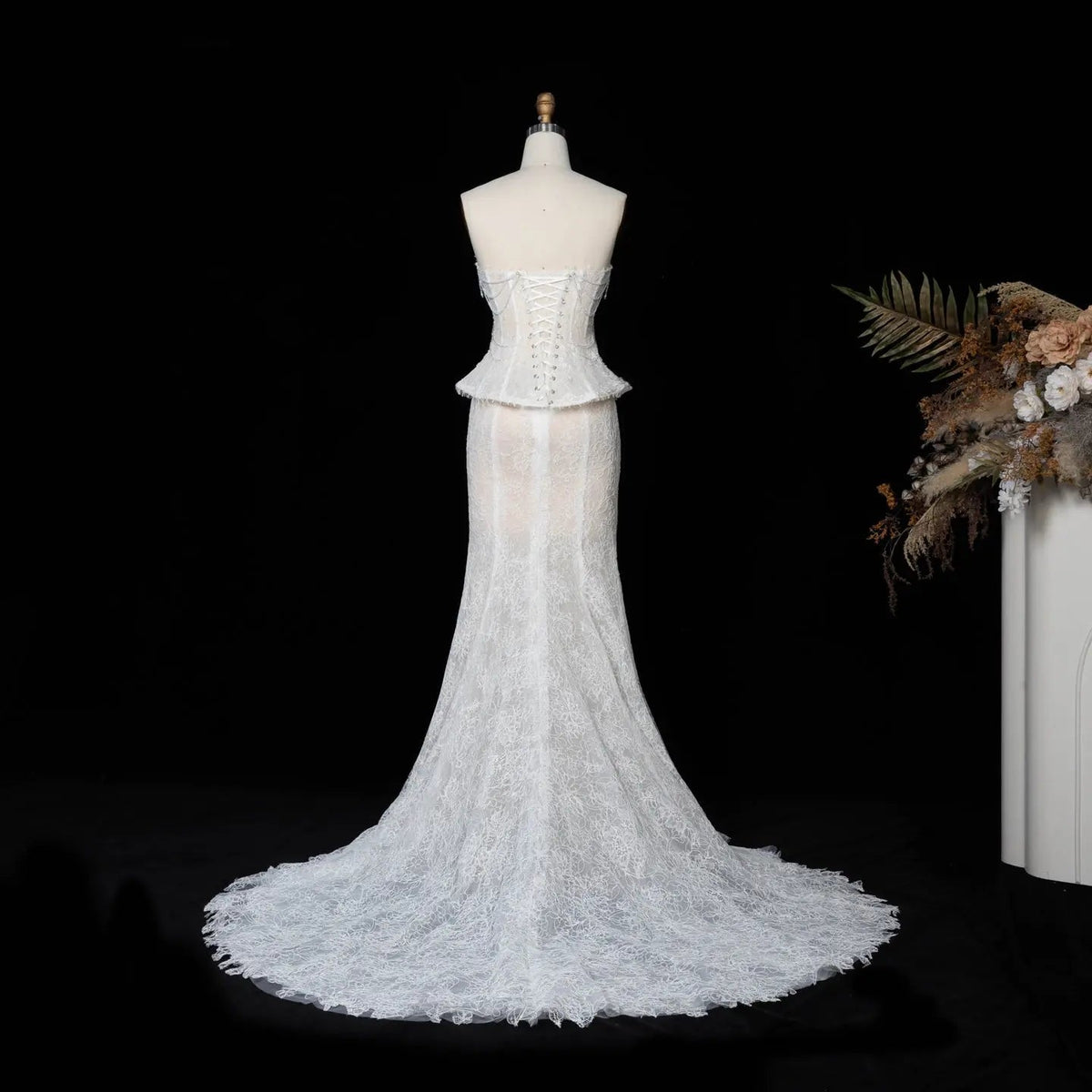 White Nude Mermaid Wedding Dress Beaded Chain Detailing With Lace Train ZP039 - View 10 | VelvetHem