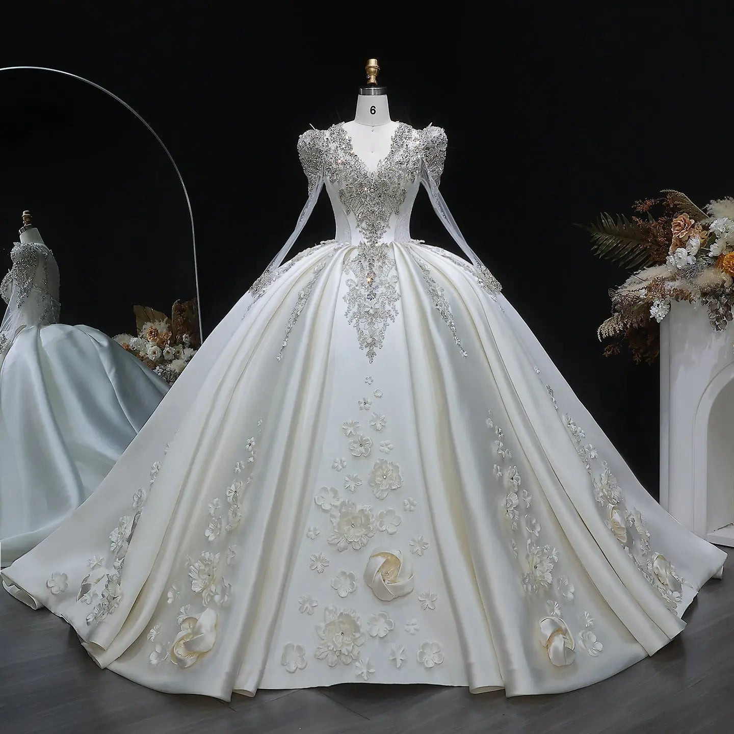 Luxury Satin 3D Floral Long Sleeve Embroidered Wedding Dress ZP161