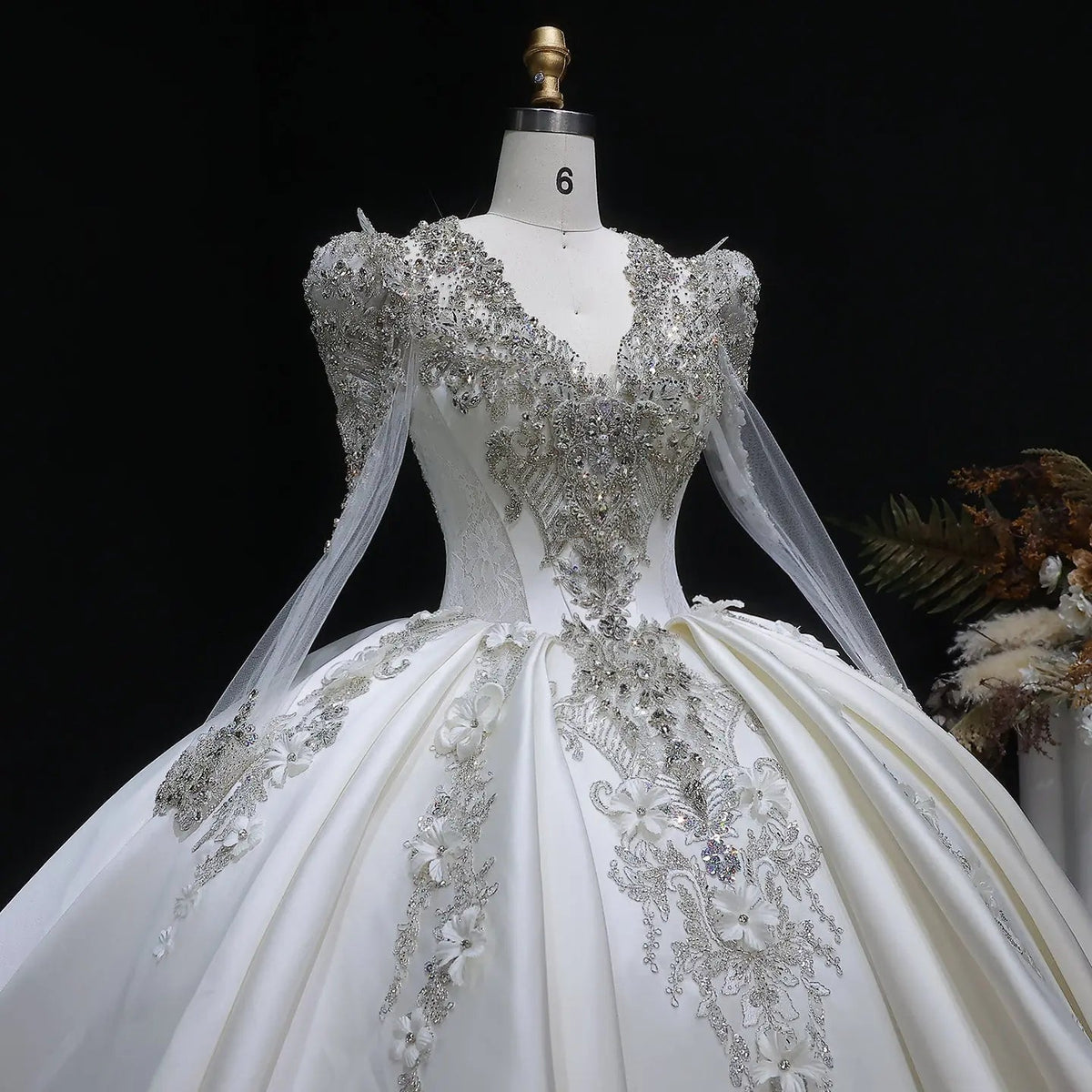 Luxury Satin 3D Floral Long Sleeve Embroidered Wedding Dress ZP161