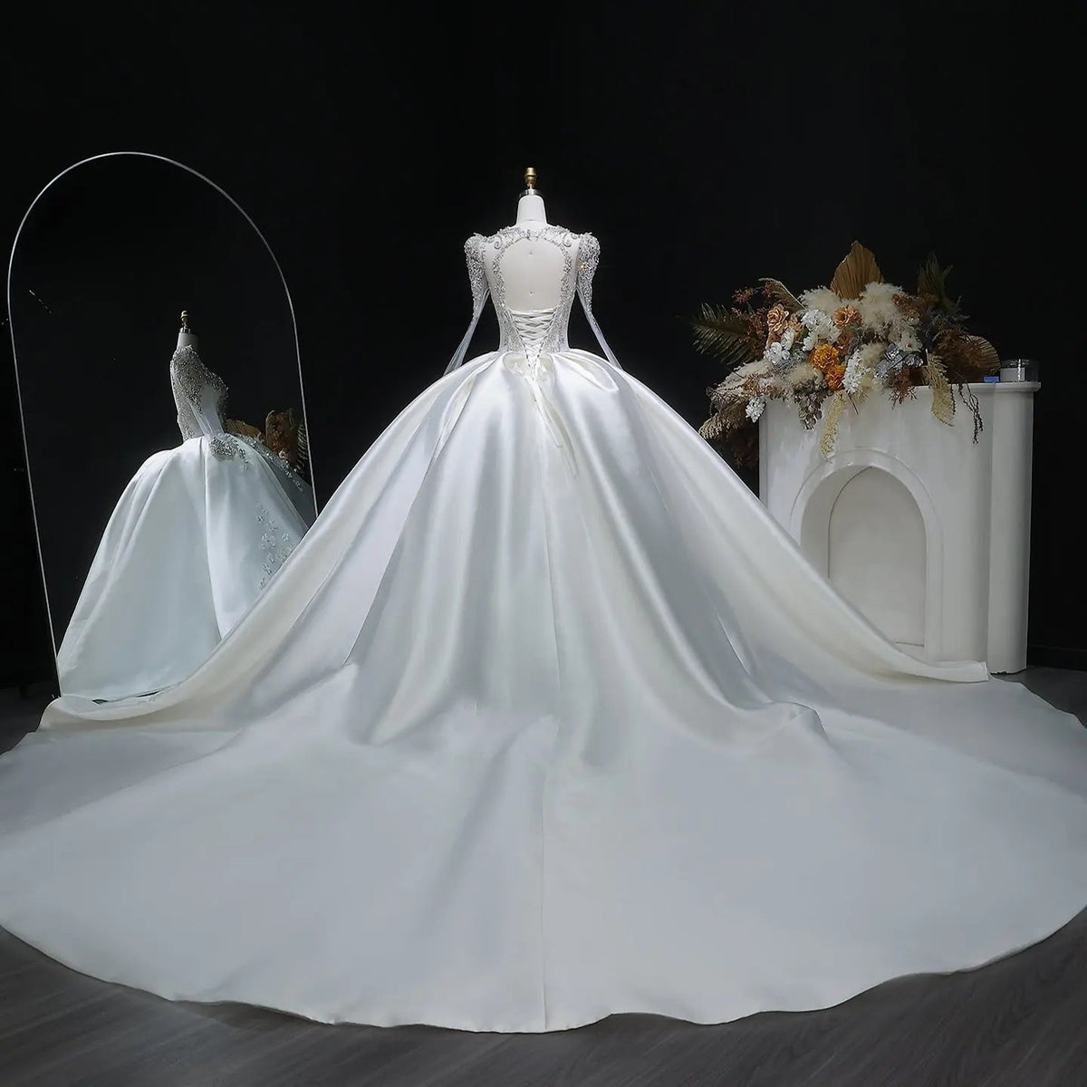 Luxury Satin 3D Floral Long Sleeve Embroidered Wedding Dress ZP161