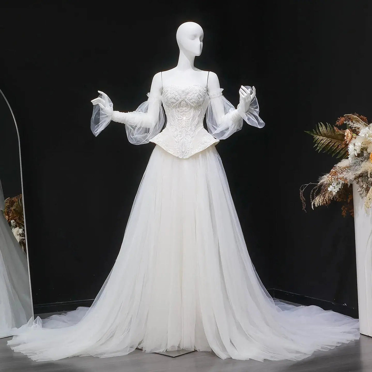Luxury Ivory Off-the-Shoulder Lace Corset Tulle Train Wedding Dress ZP135