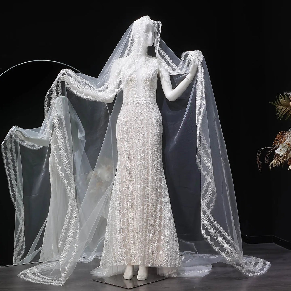 Elegant Ivory High Neck Sheer Lace Long Sleeves Mermaid Wedding Dress with Veil ZP085