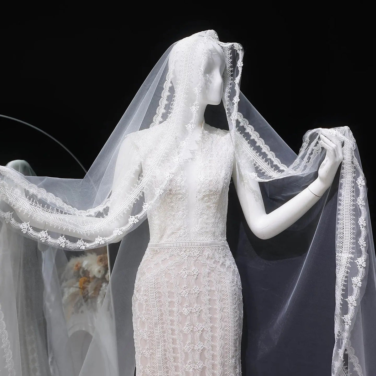 Elegant Ivory High Neck Sheer Lace Long Sleeves Mermaid Wedding Dress with Veil ZP085