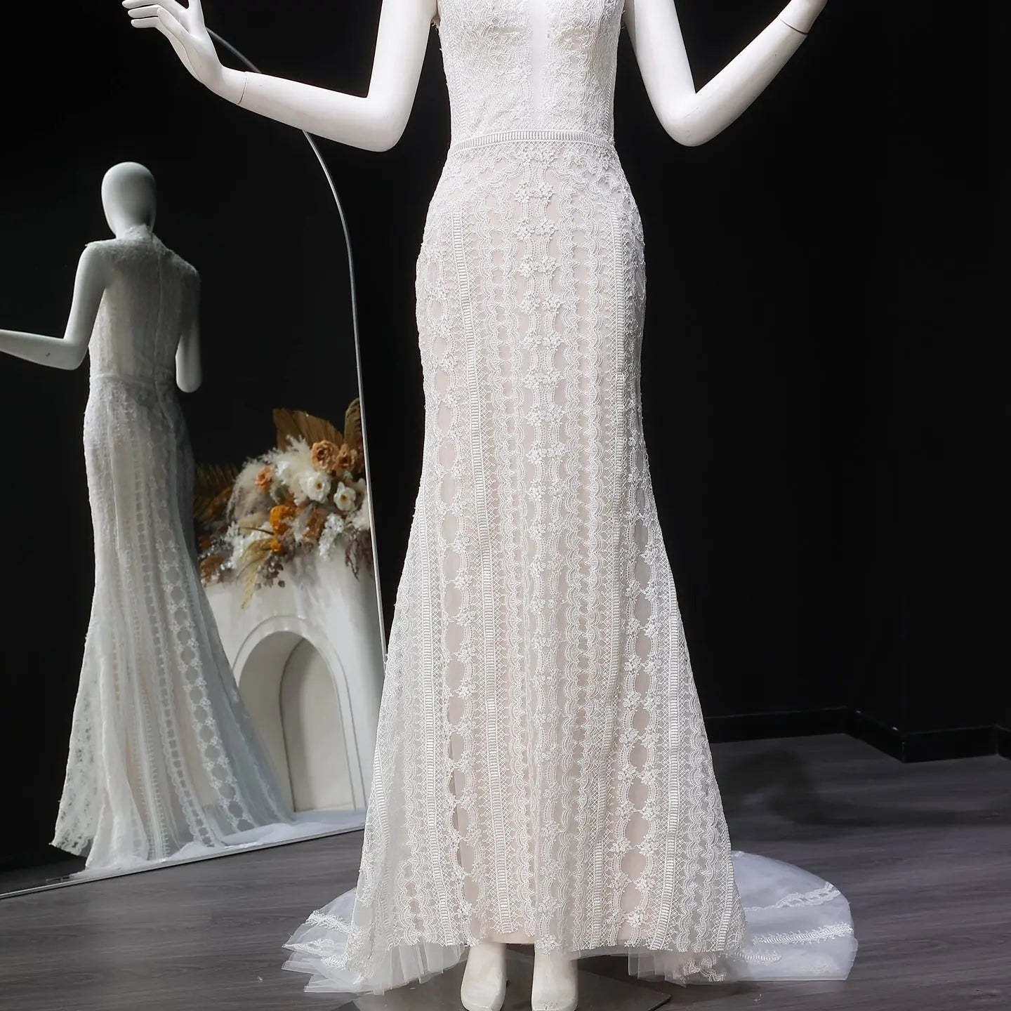 Elegant Ivory High Neck Sheer Lace Long Sleeves Mermaid Wedding Dress with Veil ZP085
