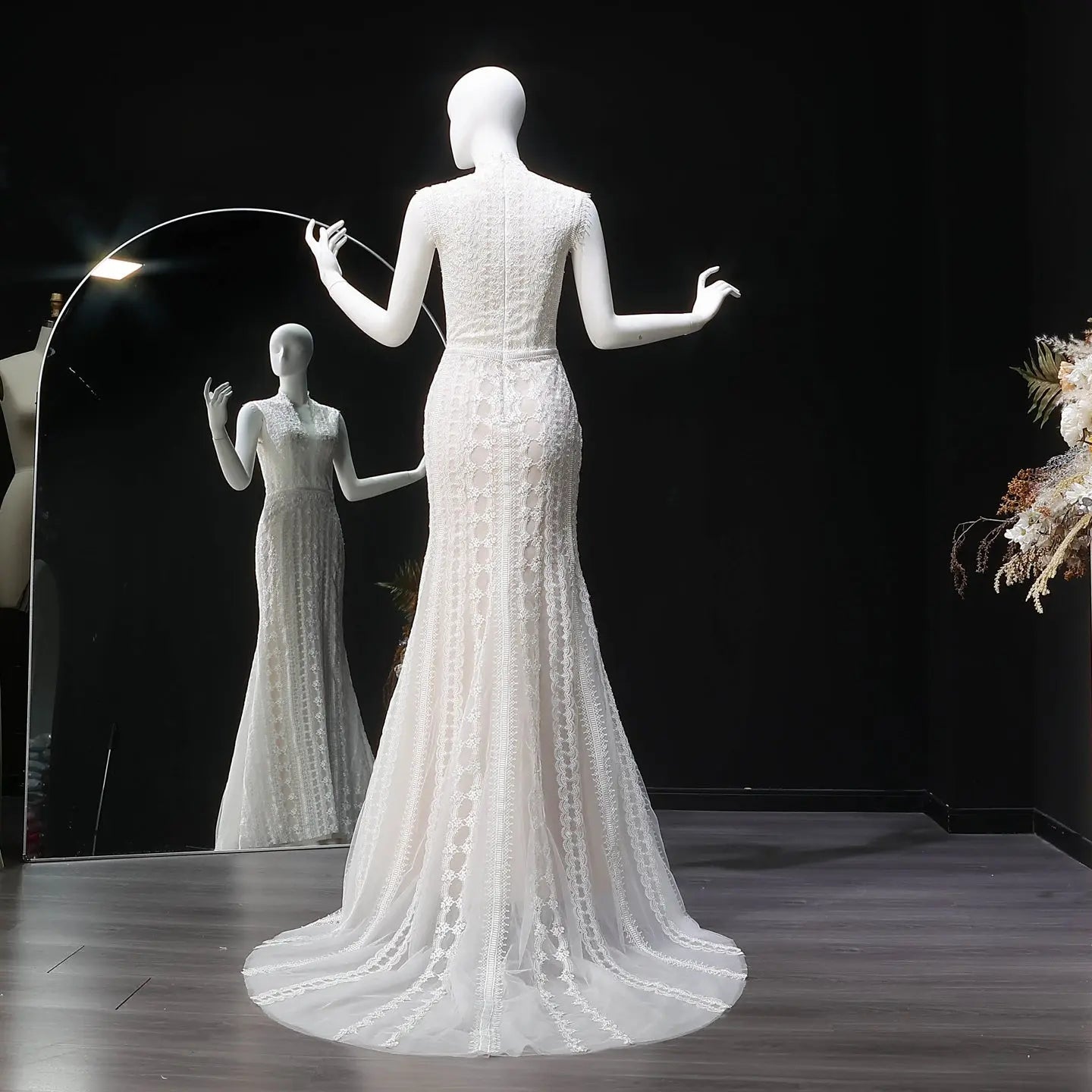 Elegant Ivory High Neck Sheer Lace Long Sleeves Mermaid Wedding Dress with Veil ZP085