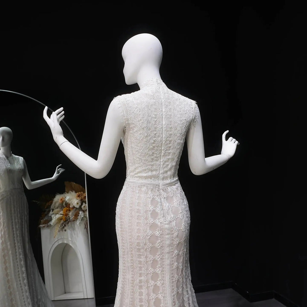 Elegant Ivory High Neck Sheer Lace Long Sleeves Mermaid Wedding Dress with Veil ZP085