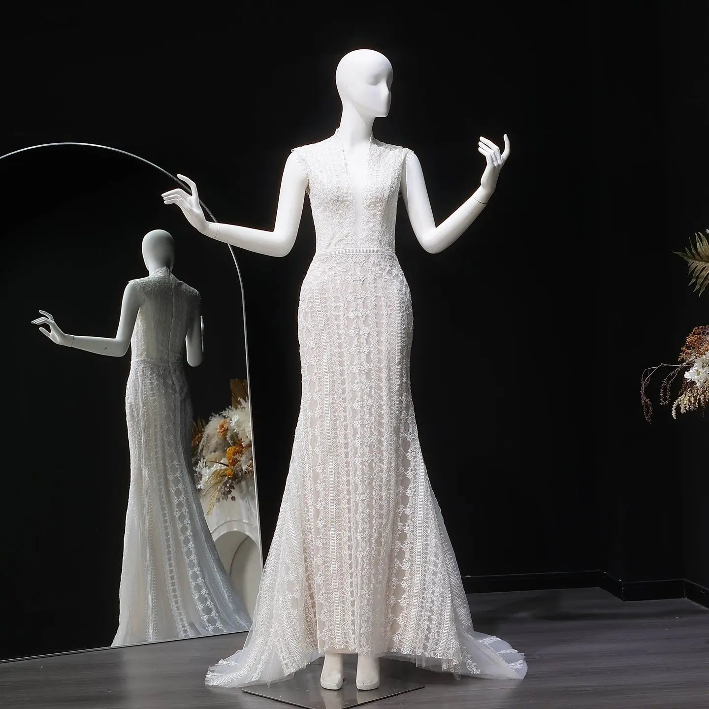 Elegant Ivory High Neck Sheer Lace Long Sleeves Mermaid Wedding Dress with Veil ZP085