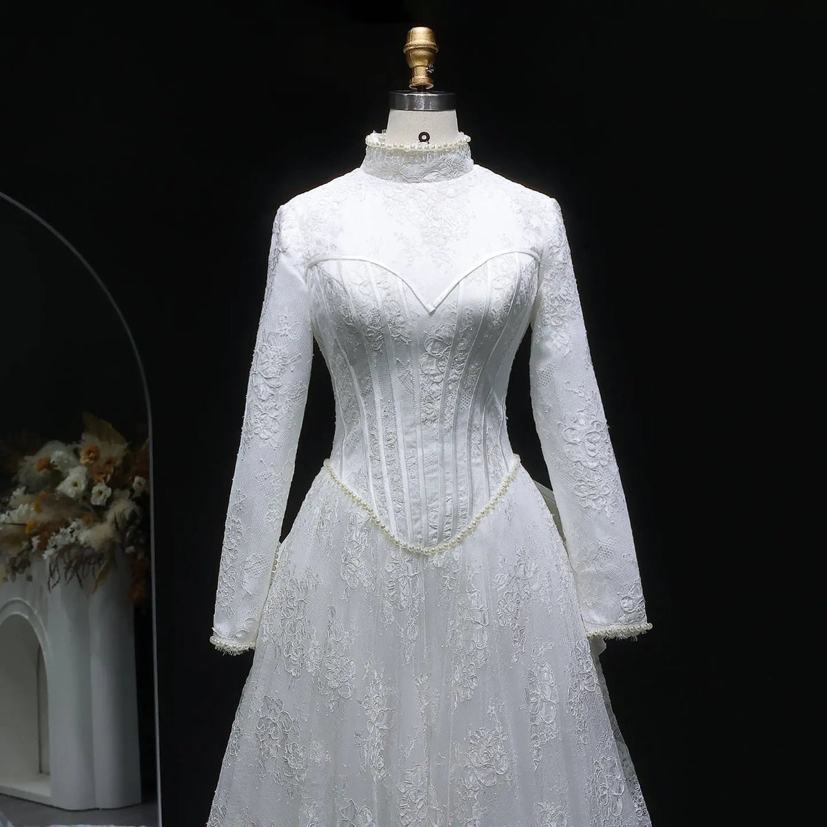 Luxury Pearl Long Sleeve Lace Wedding Dress ZP178 - View 2 | VelvetHem