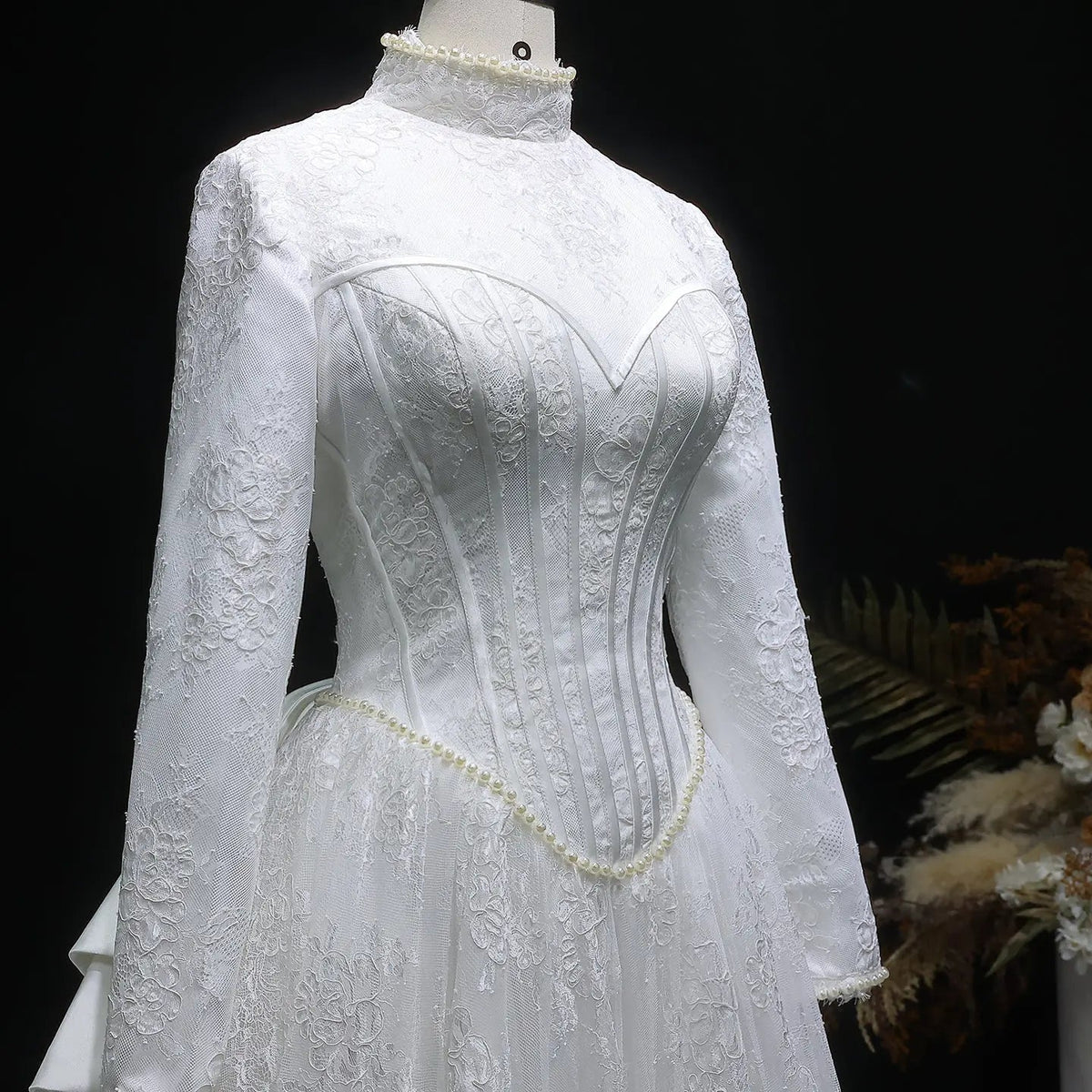 Luxury Pearl Long Sleeve Lace Wedding Dress ZP178 - View 3 | VelvetHem