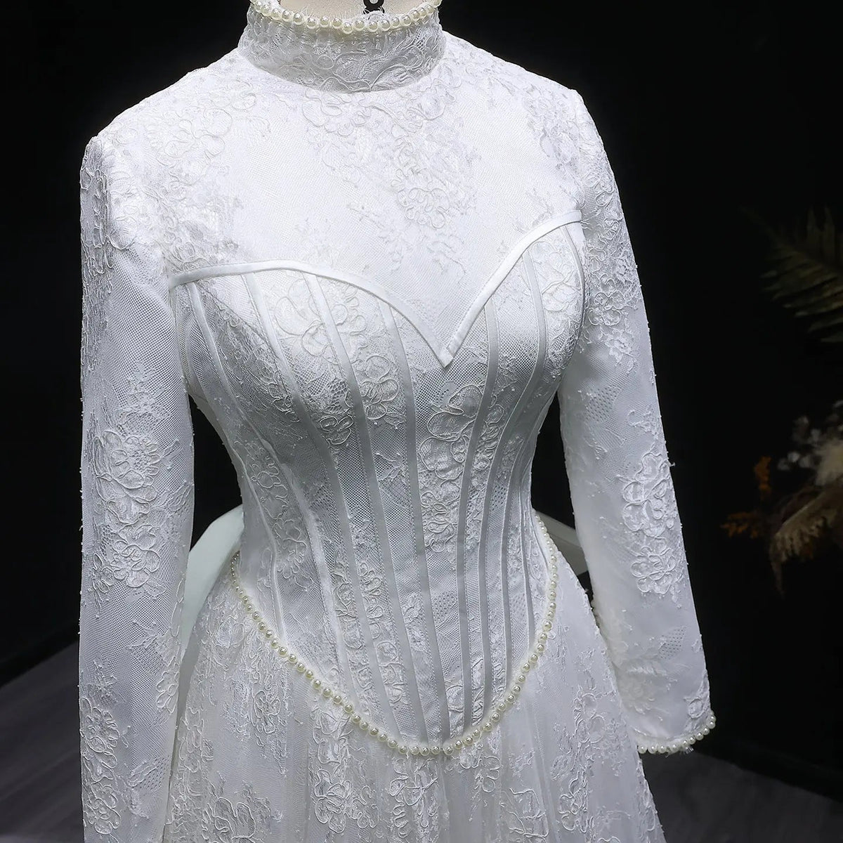 Luxury Pearl Long Sleeve Lace Wedding Dress ZP178 - View 4 | VelvetHem