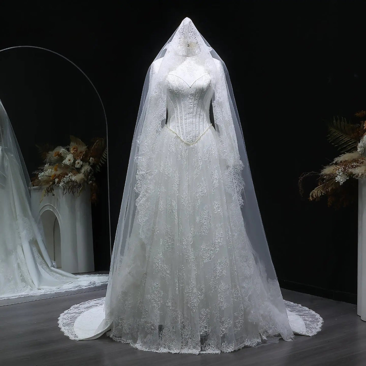 Luxury Pearl Long Sleeve Lace Wedding Dress ZP178 - View 5 | VelvetHem