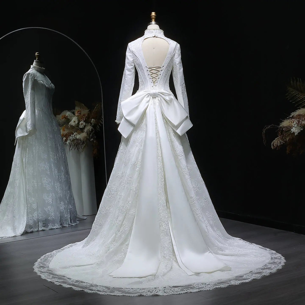 Luxury Pearl Long Sleeve Lace Wedding Dress ZP178 - View 7 | VelvetHem