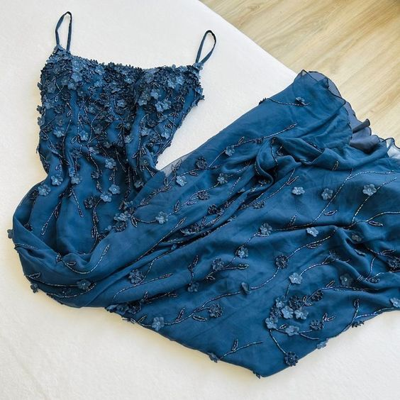 Sexy Mermaid Spaghetti Straps Satin Navy Blue Floral Long Evening & Prom Dress - View 3 | FashionDia