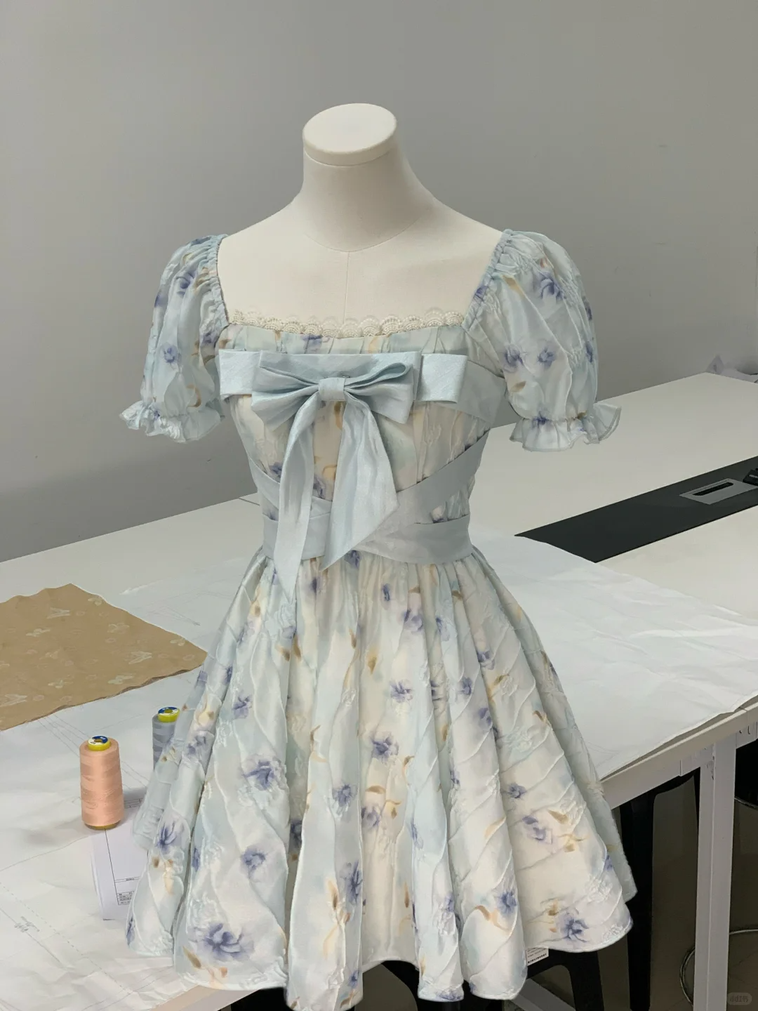 Cute Blue Chiffon Printed Floral A Line Short Prom Dress Formal Graduation Homecoming Dress D107