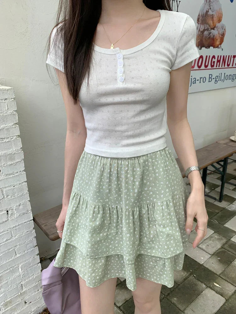 DressBetty - SMLSummer Floral Pleated Mini Skirt