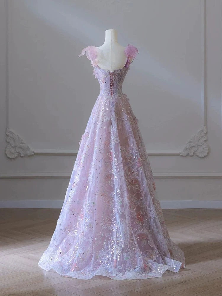 A-Line 3D Floral lace skirt tulle bodice Floor-Length prom dresses - View 4 | FashionDia