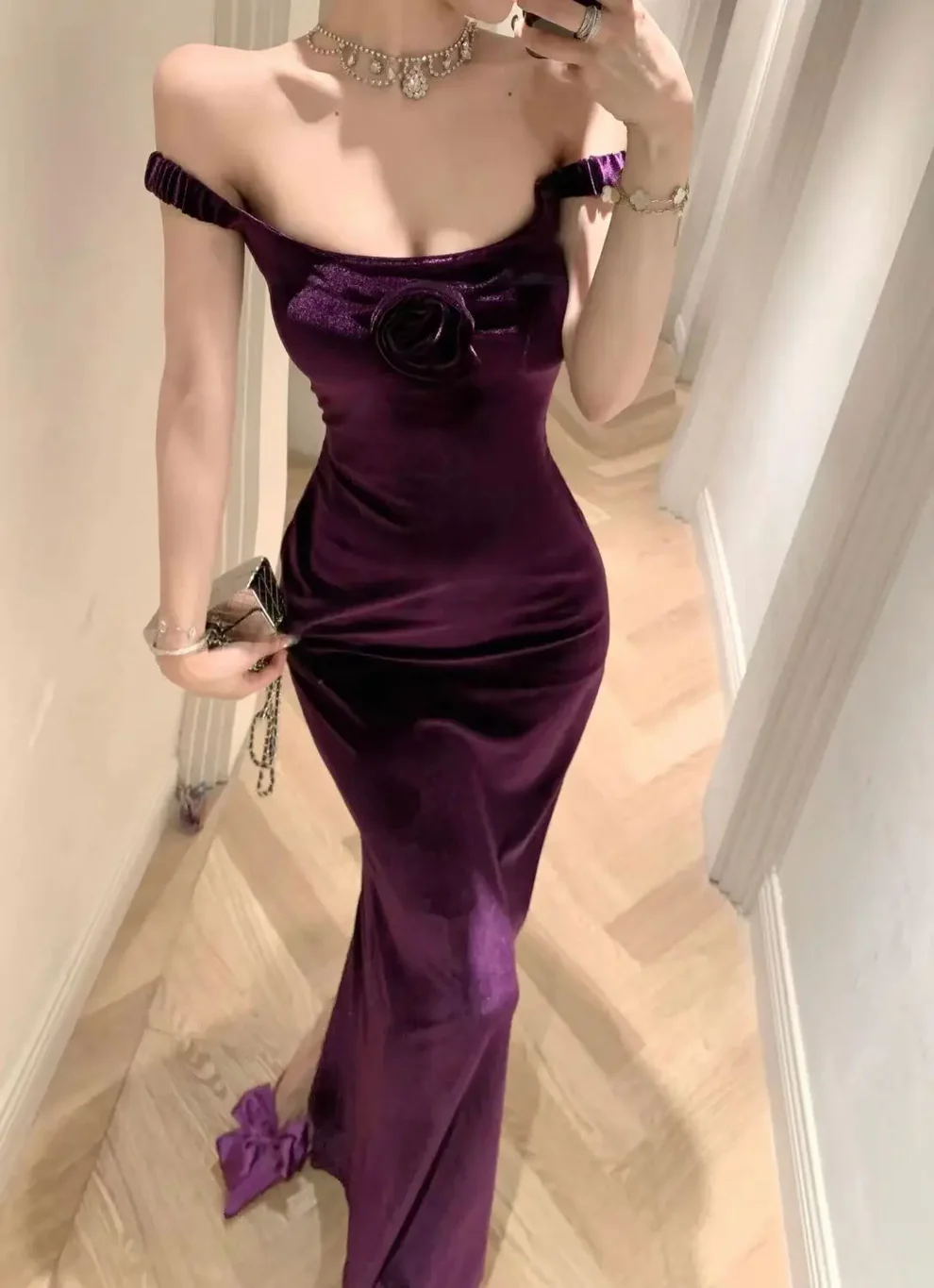 Purple Elegant Off-the-Shoulder Mermaid Evening Dress,Velvet Slit Mermaid Party Prom Dress - View 2 | FashionDia