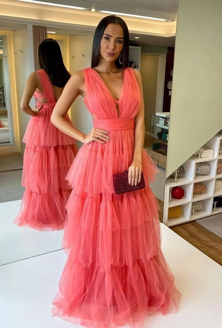 A-Line V-Neck Tulle Prom Dresses - FashionDia