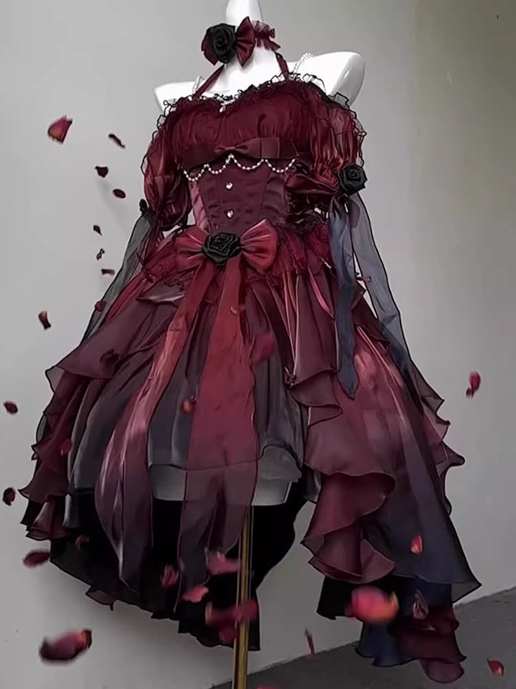 Chic High-Low Halter Burgundy Organza Party Dresses Birthday Outfits - FashionDia