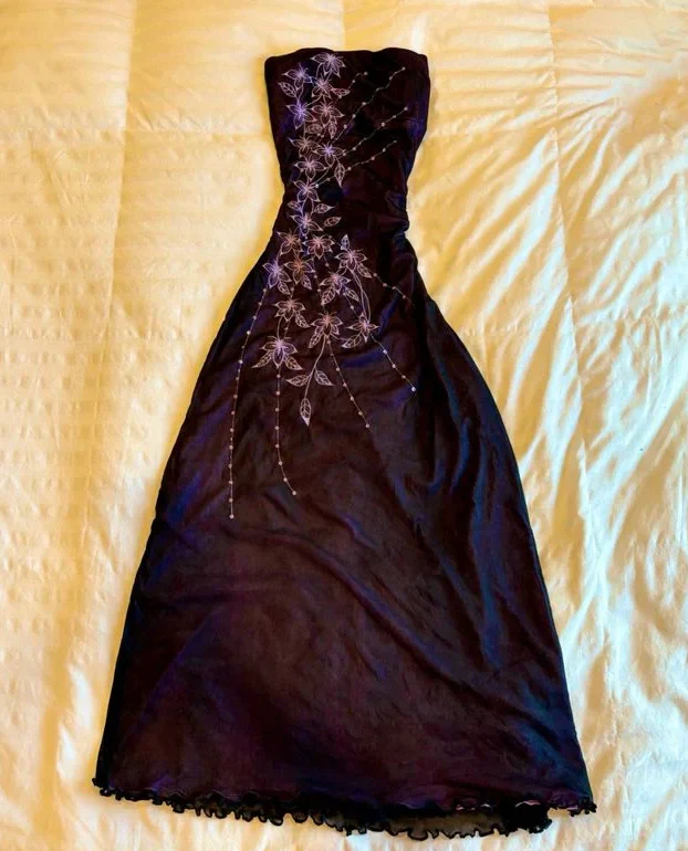 Vintage Strapless Purple Chiffon Satin Beaded Long Birthday Prom Dress Evening Gown - View 5 | FashionDia