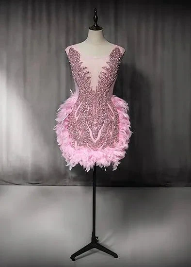 Luxury Pink Feather Homecoming Dress Birthday Dress Wedding Party Dress (ZD12141)