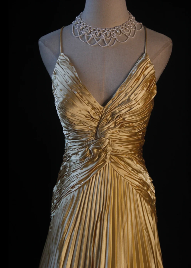 Stylish Spaghetti Straps Gold V-Neck Satin Pleated Beaded Long Party Dress Formal Wedding Guest Dress - View 2 | FashionDia
