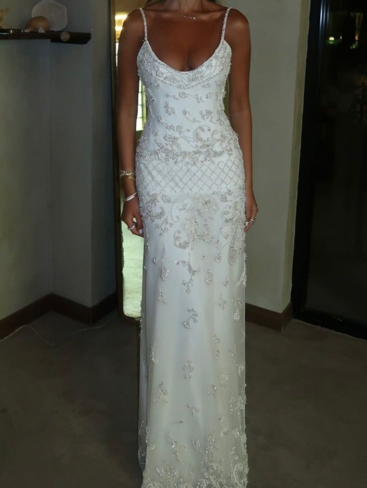 Elegant Spaghetti Straps Satin Tulle Beaded Long Party Dress Evening Dress - View 3 | FashionDia