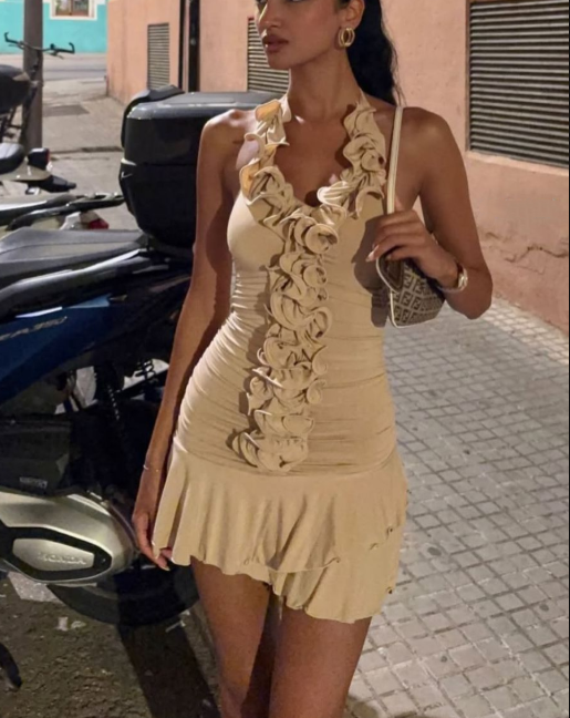 Vintage Halter Apricot Ruffled Sheath Short Homecoming Dress Cocktail Dress