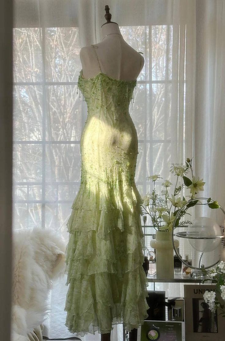 Classy Light Green Chiffon Beaded Mermaid Evening Dress,Spaghetti Straps Multi Layered Party Prom Dress