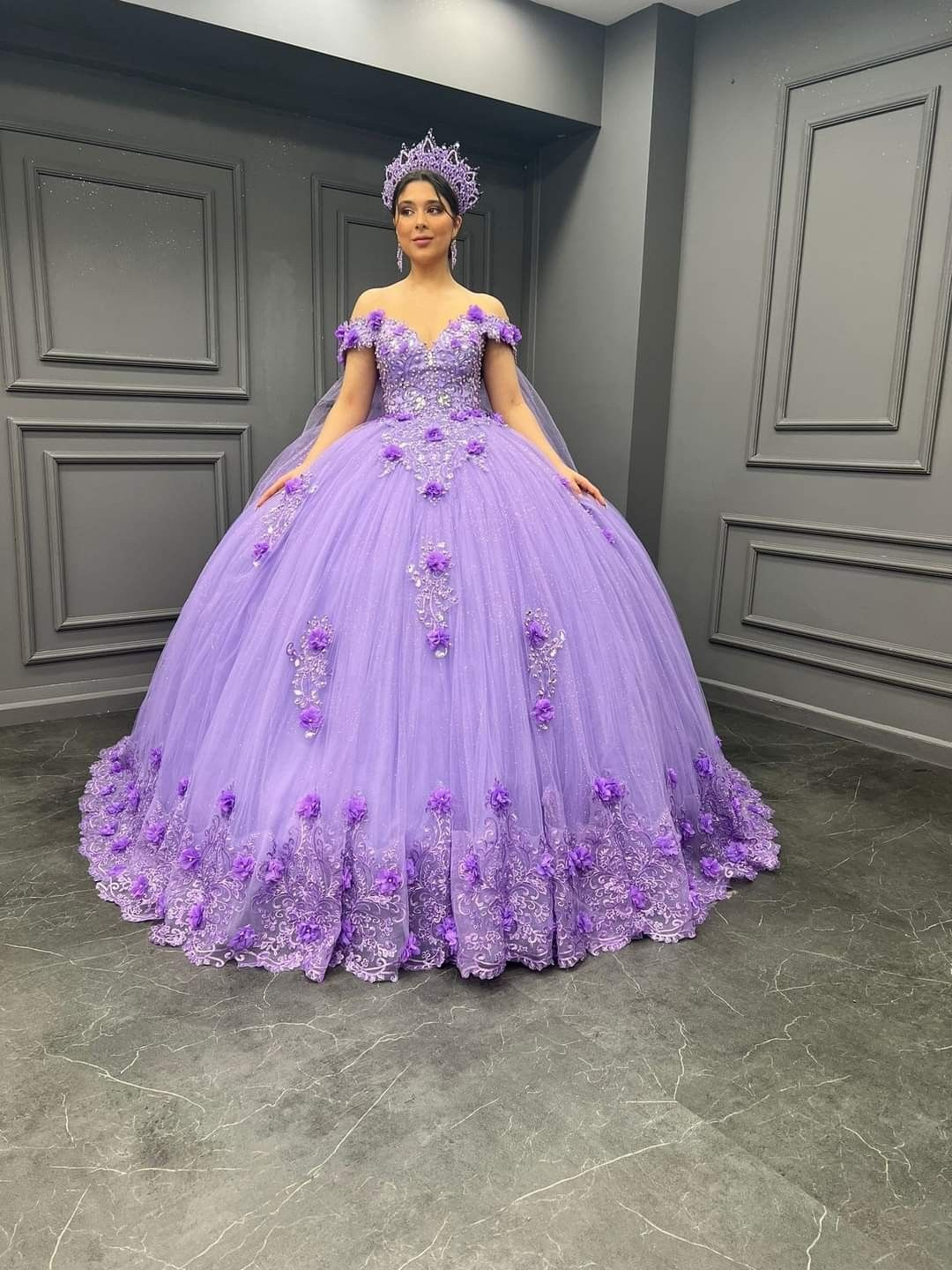 Princess Purple Off The Shoulder Ball Gown Quinceanera Dress Beaded Birthday Party Dress 3D Flowers