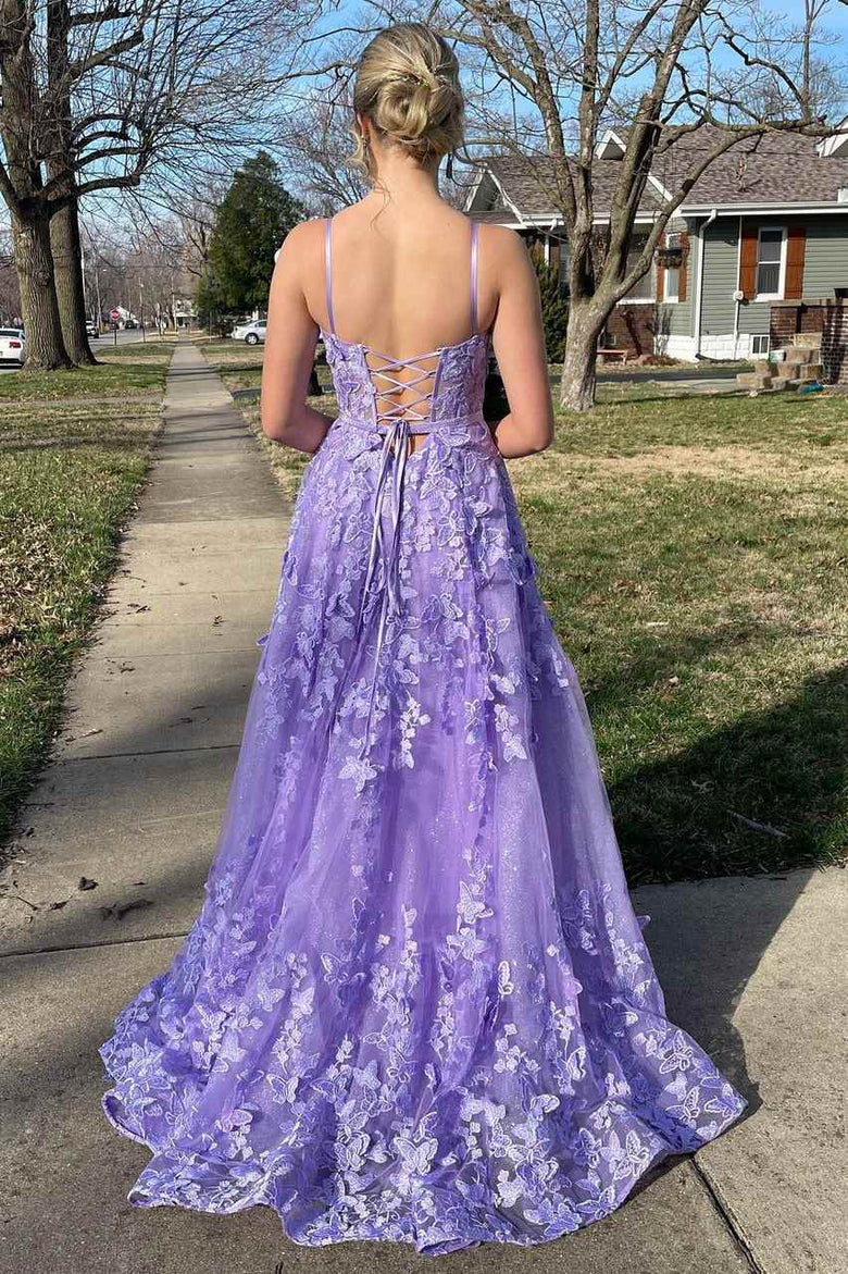 Spaghetti Straps Tulle Lace Appliques Evening Dress Lavender A-Line Prom Party Dress - View 2 | FashionDia