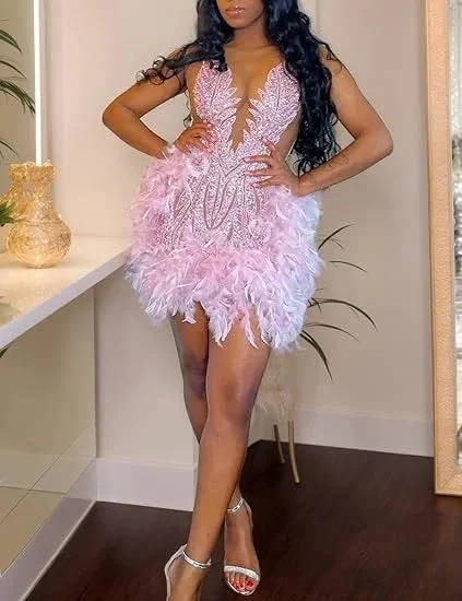Luxury Pink Feather Homecoming Dress Birthday Dress Wedding Party Dress (ZD12141)