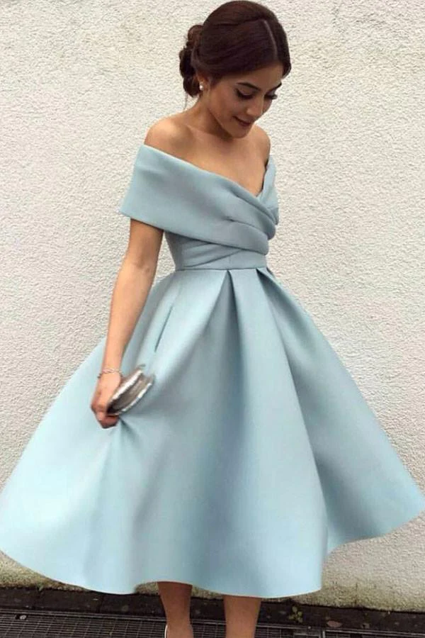 A-Line Off-the-Shoulder Tea-Length Sleeveless Homecoming Dress,Light Blue Satin Prom Dress - FashionDia