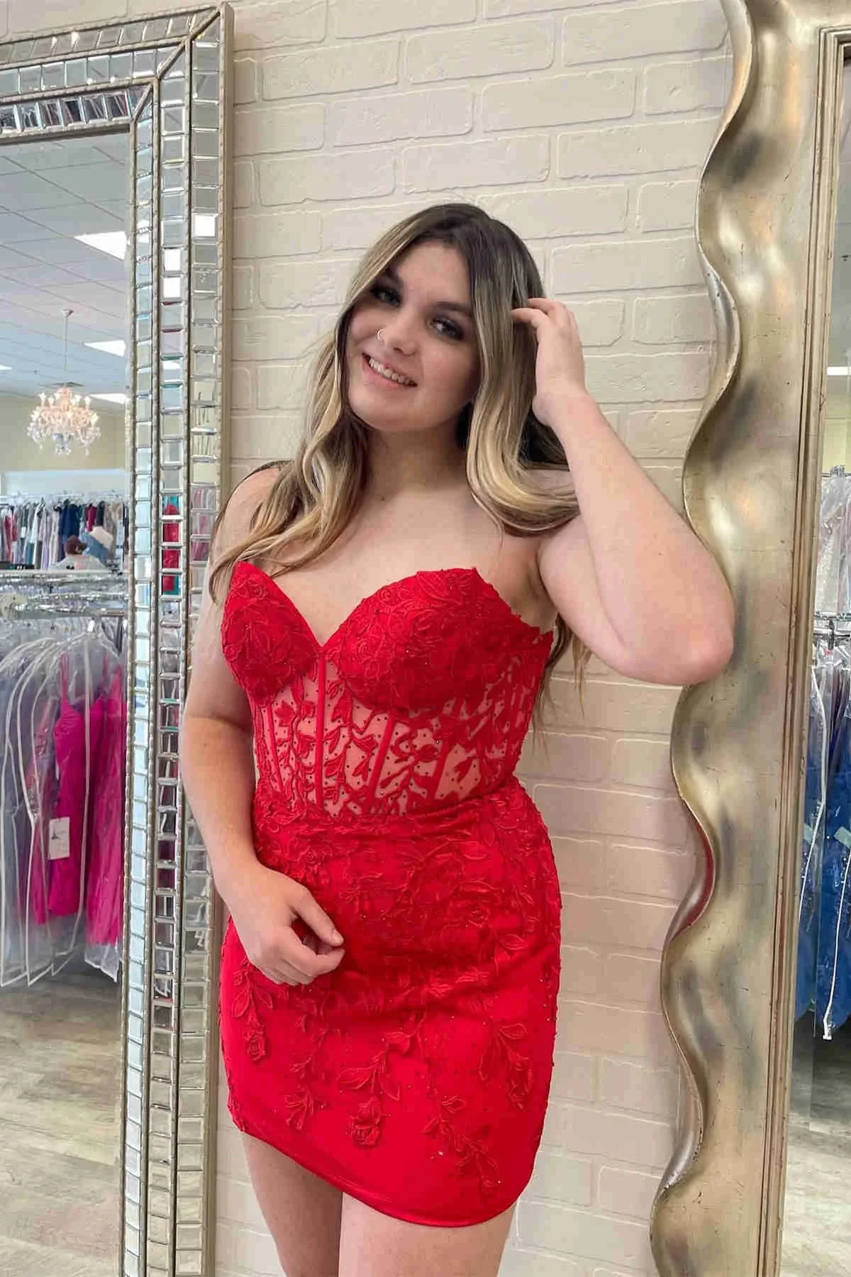 Lace-Up Appliques Strapless Sheath Homecoming Dress Y2490 by simplepromdress